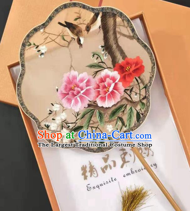 Chinese Classical Dance Silk Fan Handmade Embroidered Peony Palace Fan Traditional Song Dynasty Princess Fan