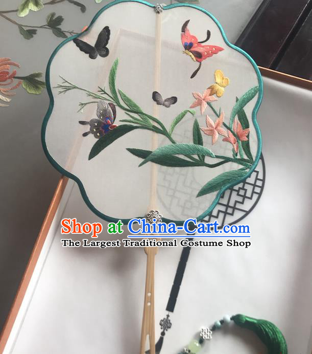 Chinese Traditional Hanfu Fan Classical Palace Fan Handmade Embroidered Orchids Silk Fan