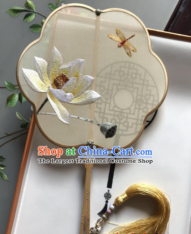 Chinese Handmade Embroidered Lotus Beige Silk Fan Classical Dance Palace Fan Traditional Cheongsam Fan