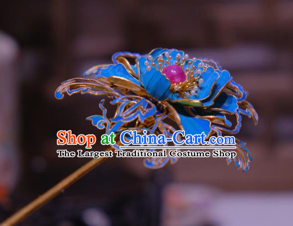 Chinese Traditional Hair Jewelry Ancient Empress Ruby Hair Stick Qing Dynasty Empress Blueing Peony Hairpin