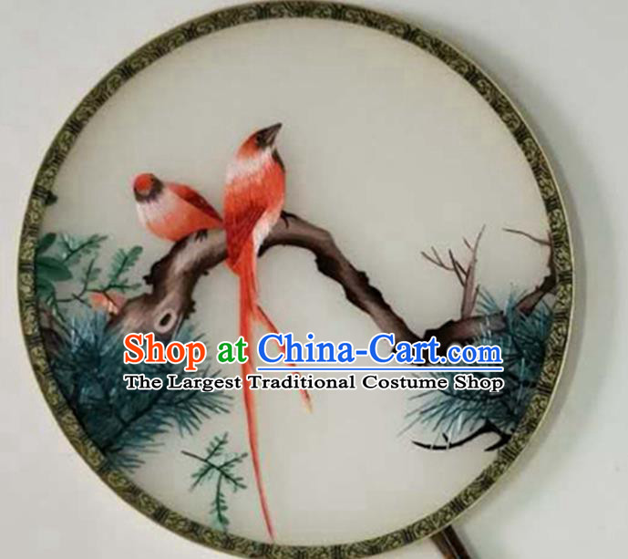 Chinese Traditional Hanfu Circular Fan Cultural Dance Palace Fan Handmade Embroidered Pine Birds Silk Fan