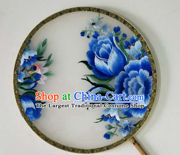 Chinese Handmade Embroidered Blue Peony Silk Palace Fan Traditional Hanfu Circular Fan