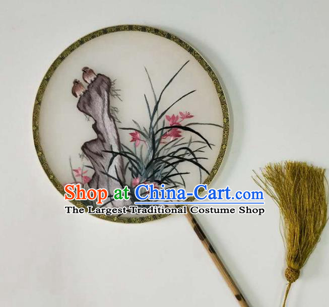 Chinese Traditional Circular Fan Handmade Embroidered Orchids Palace Fan Silk Fan
