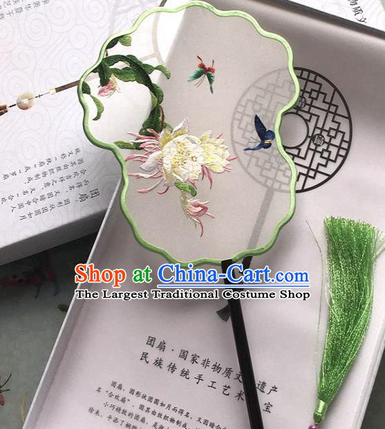 Chinese Handmade Palace Fan Traditional Embroidered Epiphyllum Silk Fan Classical Dance Fan
