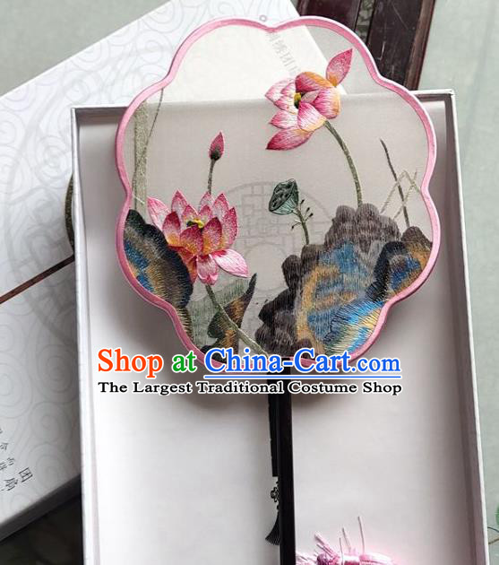 Chinese Handmade Palace Fan Traditional Embroidered Lotus Fan Classical Silk Fan