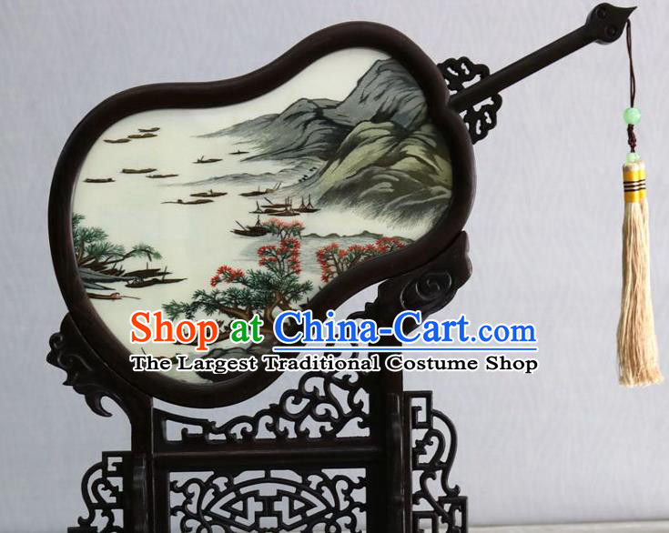 Chinese Handmade Rosewood Gourd Desk Ornaments Traditional Embroidered Landscape Painting Table Screen
