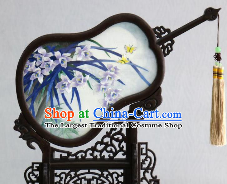Chinese Traditional Embroidered Orchids Table Ornament Handmade Rosewood Carving Gourd Desk Screen Craft