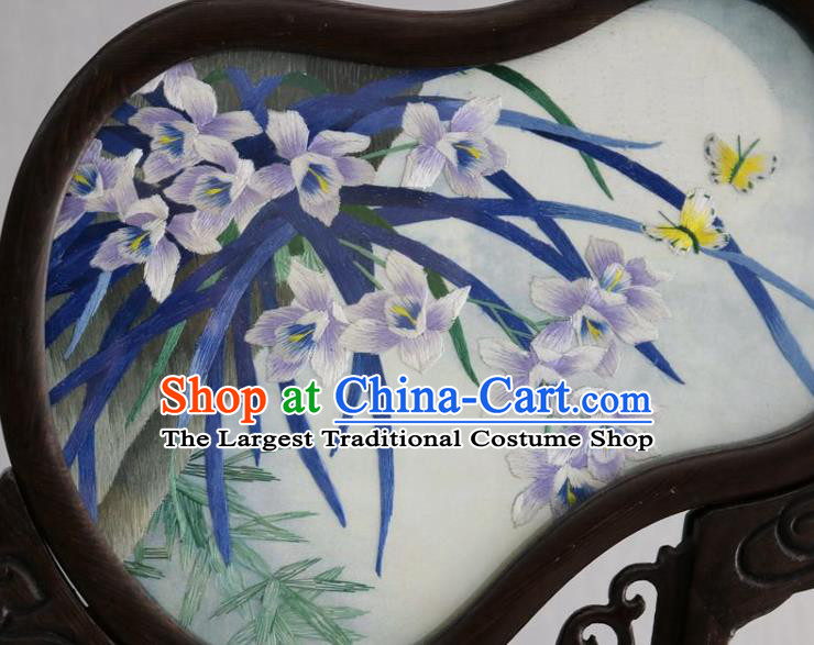 Chinese Traditional Embroidered Orchids Table Ornament Handmade Rosewood Carving Gourd Desk Screen Craft
