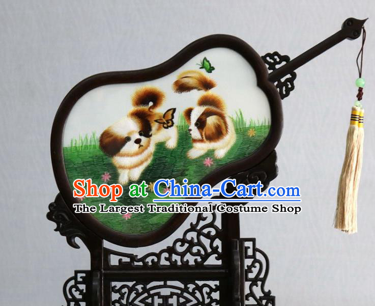 Chinese Handmade Rosewood Gourd Desk Decoration Traditional Suzhou Embroidered Dog Table Screen