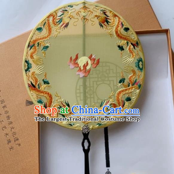 Chinese Traditional Hanfu Circular Fan Yellow Silk Fan Handmade Embroidered Dragons Palace Fan