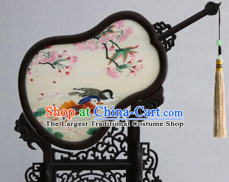 Chinese Traditional Suzhou Embroidered Mandarin Duck Table Screen Handmade Rosewood Double Side Desk Decoration