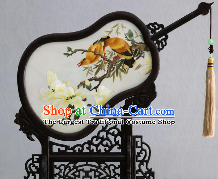 Chinese Handmade Rosewood Carving Gourd Desk Decoration Traditional Double Side Embroidered Mangnolia Table Screen