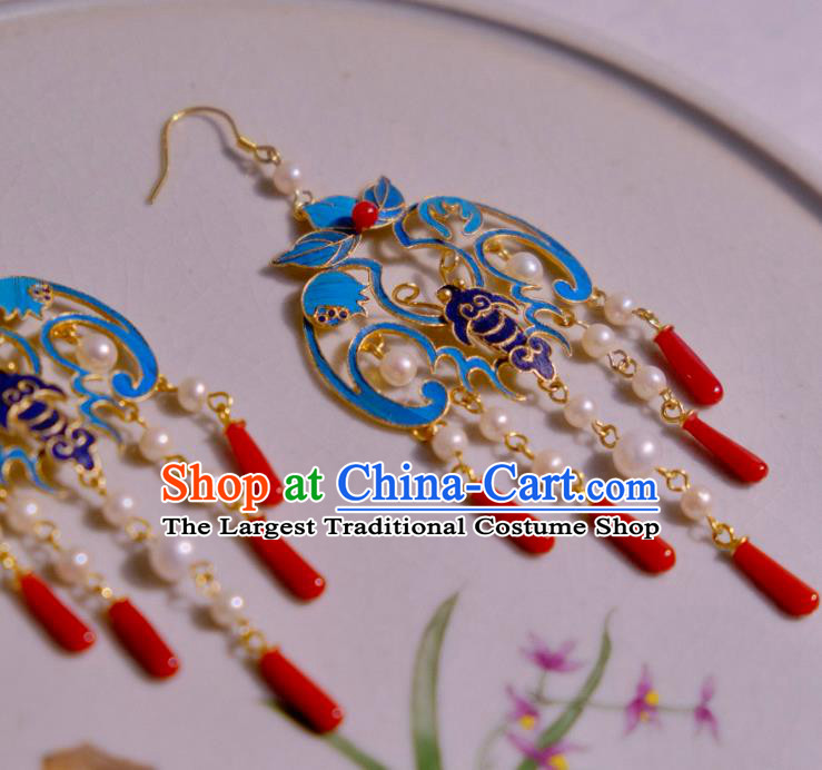 Chinese Ancient Qing Dynasty Court Blueing Ear Accessories Traditional Culture Jewelry Agate Tassel Earrings
