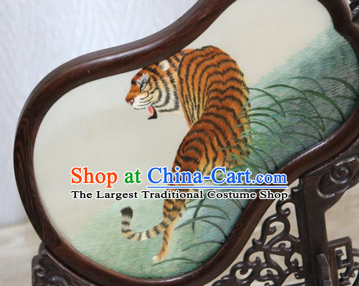 Chinese Handmade Embroidery Silk Craft Traditional Double Side Embroidered Tiger Table Screen Rosewood Desk Decoration