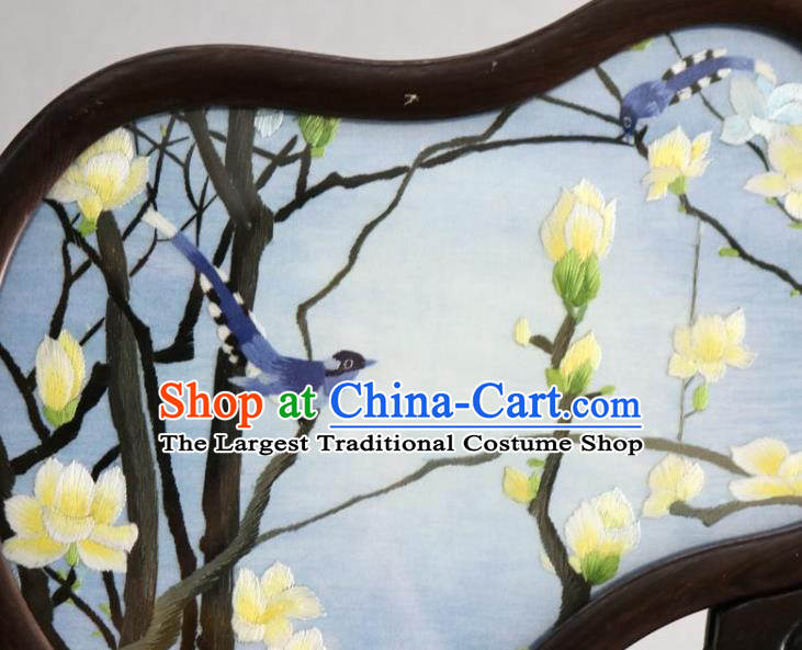 Chinese Handmade Rosewood Desk Screen Traditional Embroidered Mangnolia Craft