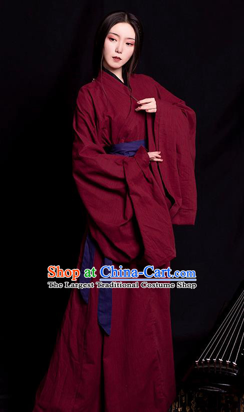 China Traditional Jin Dynasty Palace Lady Historical Clothing Ancient Young Beauty Wine Red Hanfu Robe