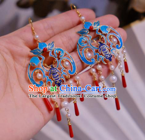 Chinese Ancient Qing Dynasty Court Blueing Ear Accessories Traditional Culture Jewelry Agate Tassel Earrings