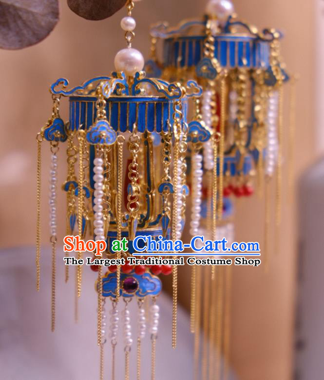 Chinese Ancient Qing Dynasty Pearls Tassel Ear Accessories Traditional Culture Jewelry Blueing Lantern Earrings