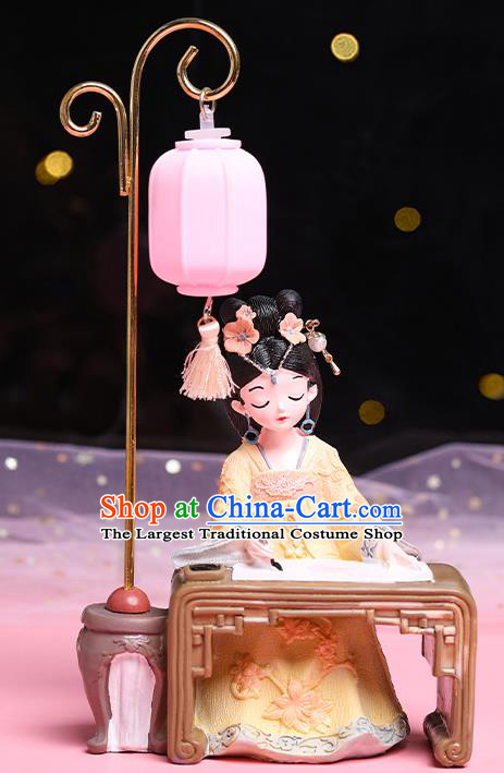China Handmade Beijing Yellow Silk Figurine Doll Traditional Tang Dynasty Beauty Doll Lantern