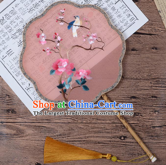 Chinese Traditional Song Dynasty Palace Fan Embroidered Begonia Fan Handmade Pink Silk Fan