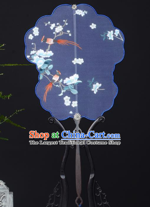 Chinese Handmade Deep Blue Silk Fan Traditional Wedding Palace Fan Embroidered Plum Blossom Fan