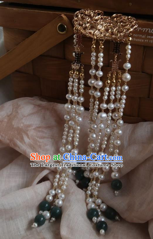 China Handmade Hanfu Pearls Tassel Hairpin Traditional Ancient Ming Dynasty Golden Lotus Hair Stick