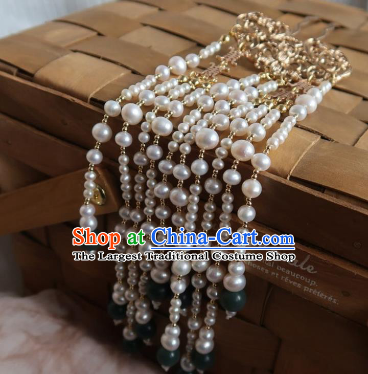 China Handmade Hanfu Pearls Tassel Hairpin Traditional Ancient Ming Dynasty Golden Lotus Hair Stick