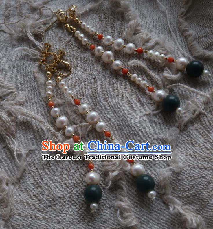 Chinese Traditional Ming Dynasty Pearls Earrings Ancient Princess Ear Accessories