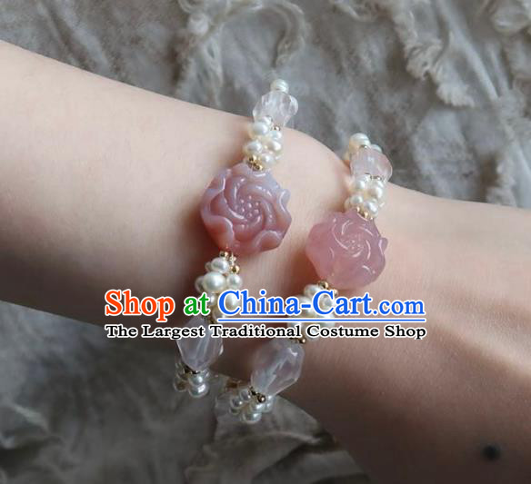 Handmade Chinese Pearls Bangle Carving Peony Wristlet Accessories Traditional Hanfu Bracelet