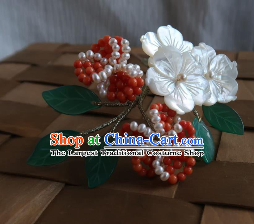 China Handmade Hanfu Shell Plum Blossom Hairpin Traditional Ancient Ming Dynasty Red Beads Hair Stick