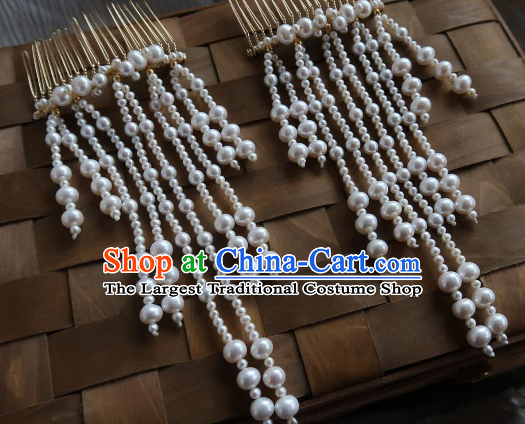 China Handmade Hanfu Hairpin Traditional Ancient Ming Dynasty Pearls Tassel Hair Comb