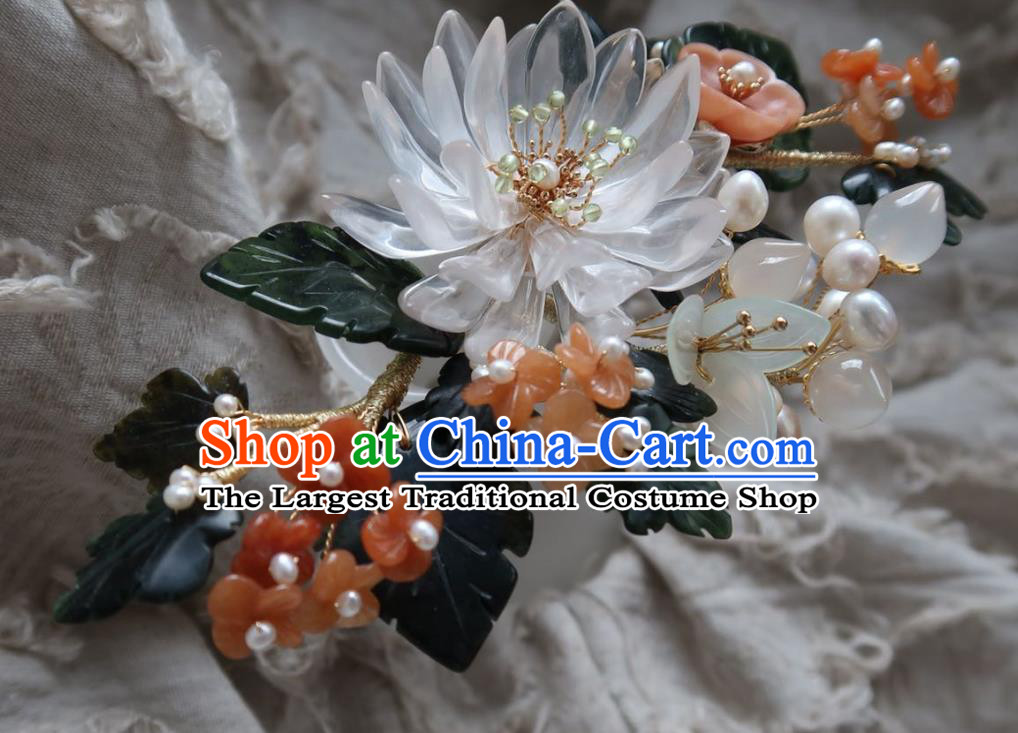 China Handmade Hanfu White Epiphyllum Hairpin Traditional Ancient Ming Dynasty Agate Plum Hair Stick