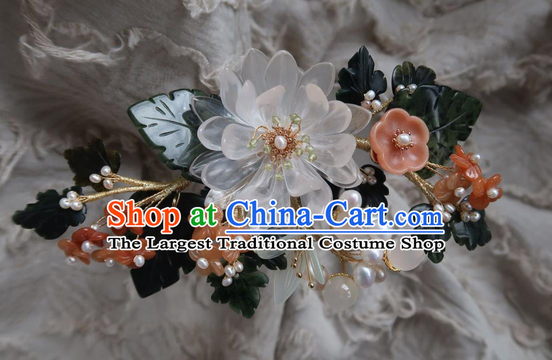 China Handmade Hanfu White Epiphyllum Hairpin Traditional Ancient Ming Dynasty Agate Plum Hair Stick
