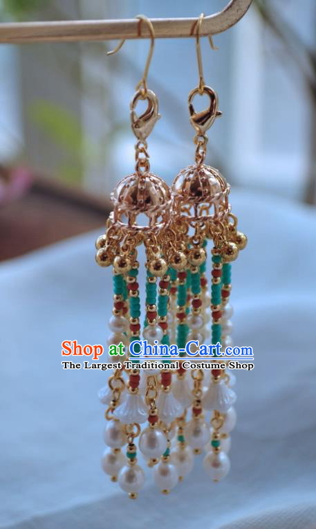 Chinese Traditional Hanfu Golden Earrings Ancient Princess Pearls Tassel Ear Accessories