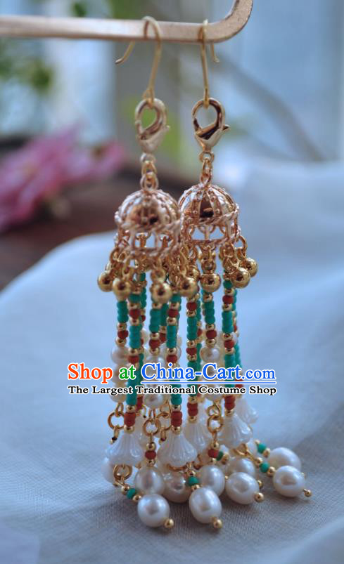Chinese Traditional Hanfu Golden Earrings Ancient Princess Pearls Tassel Ear Accessories