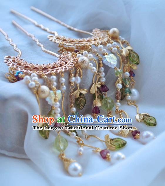 China Handmade Hanfu Pearls Tassel Hairpin Traditional Ancient Tang Dynasty Princess Golden Hair Stick