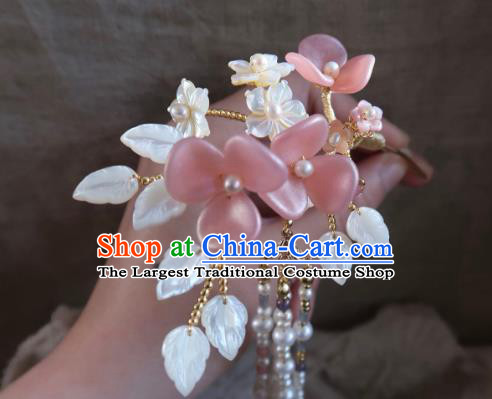 China Handmade Hanfu Shell Leaf Hairpin Traditional Ancient Ming Dynasty Princess Pink Plum Tassel Hair Stick