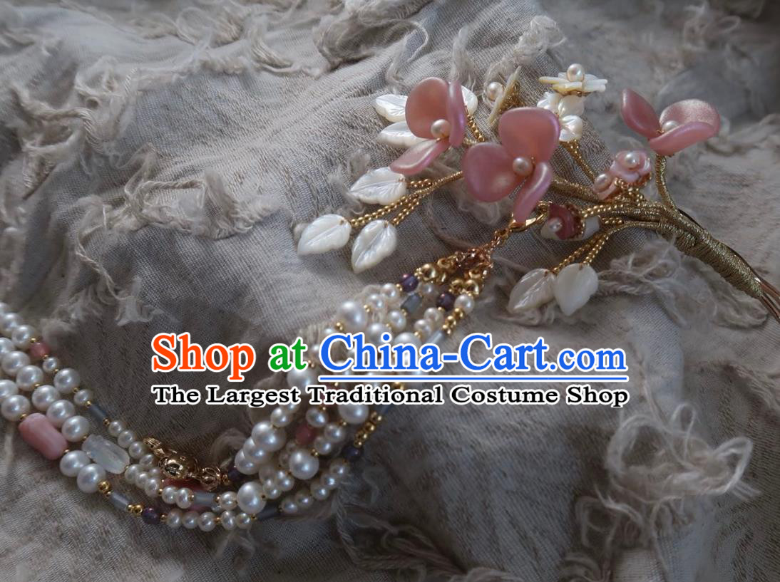 China Handmade Hanfu Shell Leaf Hairpin Traditional Ancient Ming Dynasty Princess Pink Plum Tassel Hair Stick