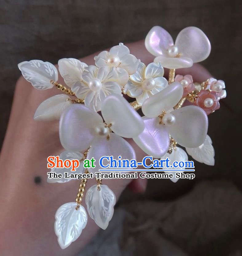 China Traditional Ancient Ming Dynasty Princess White Plum Tassel Hair Stick Handmade Hanfu Shell Leaf Hairpin