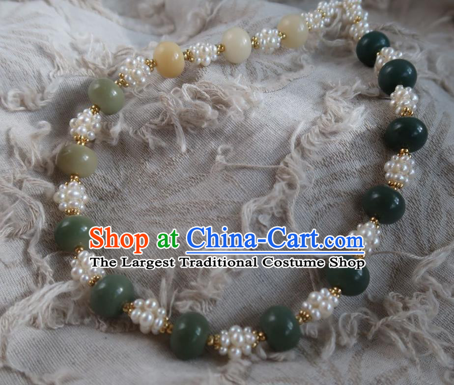 Handmade Chinese Ming Dynasty Pearls Necklet Accessories Traditional Hanfu Jade Beads Necklace