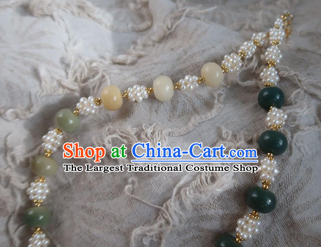 Handmade Chinese Ming Dynasty Pearls Necklet Accessories Traditional Hanfu Jade Beads Necklace