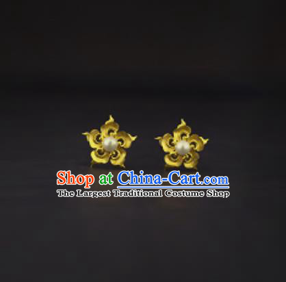 China Handmade Ming Dynasty Golden Plum Hairpin Traditional Ancient Empress Pearl Hair Stick