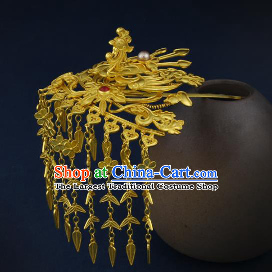 China Traditional Ancient Queen Golden Phoenix Tassel Hair Stick Handmade Ming Dynasty Empress Hairpin