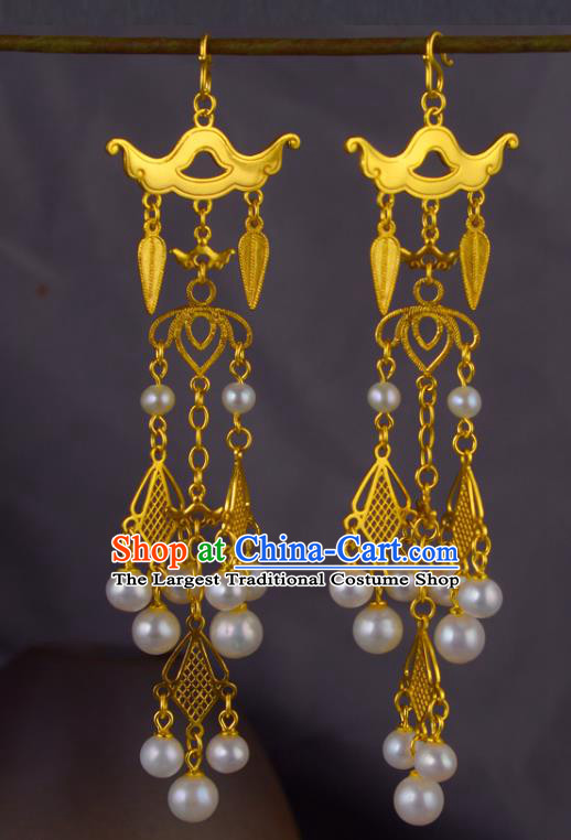 Chinese Traditional Tang Dynasty Pearls Tassel Earrings Ancient Court Woman Golden Ear Accessories