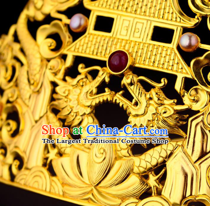 China Ancient Empress Golden Dragon Hairpin Handmade Traditional Ming Dynasty Court Gems Hair Crown