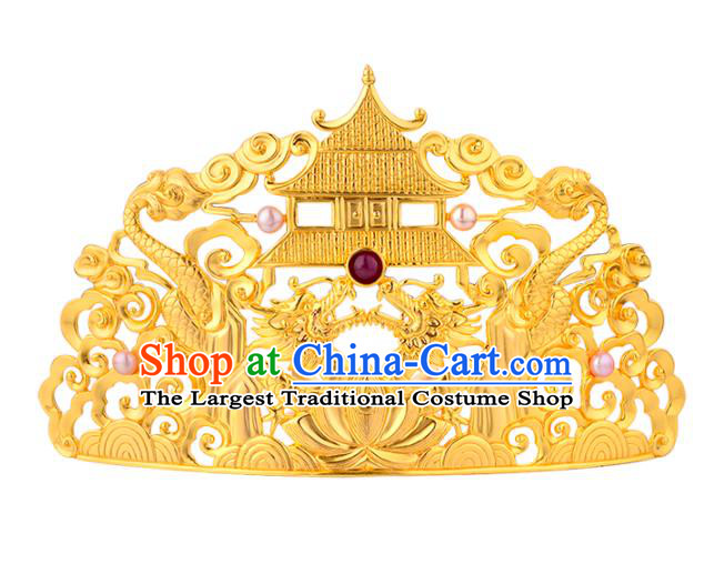 China Ancient Empress Golden Dragon Hairpin Handmade Traditional Ming Dynasty Court Gems Hair Crown