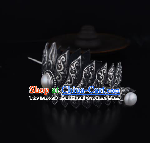 China Ancient Swordsman Pearl Hairpin Handmade Traditional Ming Dynasty Prince Argent Lotus Hair Crown