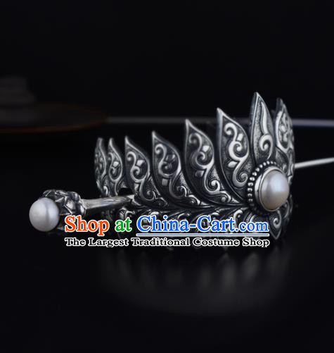 China Ancient Swordsman Pearl Hairpin Handmade Traditional Ming Dynasty Prince Argent Lotus Hair Crown