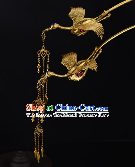 China Ancient Imperial Consort Tassel Hairpin Handmade Traditional Tang Dynasty Palace Golden Crane Hair Stick