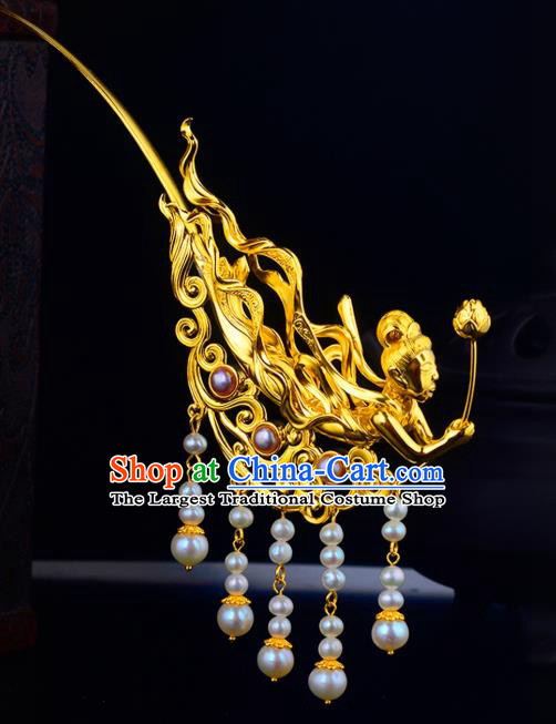 China Ancient Court Woman Pearls Tassel Hairpin Handmade Traditional Tang Dynasty Empress Golden Goddess Hair Stick